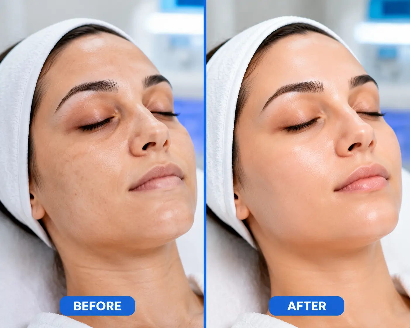 Before and after results of a DiamondGlow facial treatment showing improved skin glow and texture at Serene Beauty & Browz in Michigan